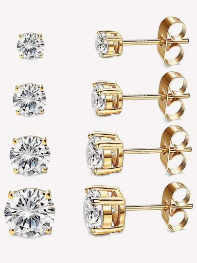 925 Sterling Silber Ohrstecker Set mit Goldauflage | 14 Karat Goldplattierte hypoallergene Ohrstecker | Cubic Zirkonia Ohrstecker für Frauen Mädchen Männer (3mm, 4mm, 5mm, 6mm)