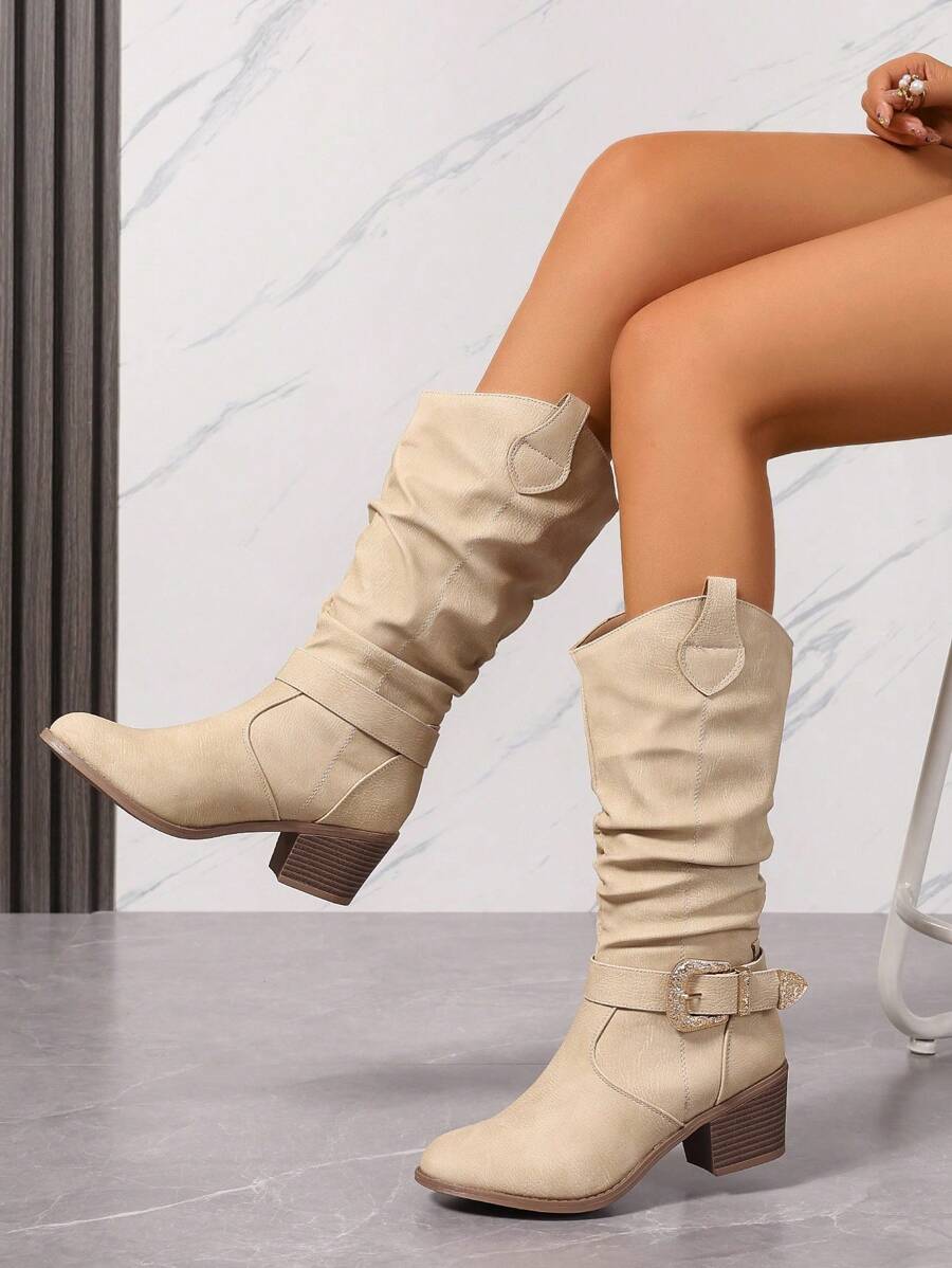 Giày bốt mũi tròn, cao đến bắp chân, gót tròn, màu be, dáng slip-on, thiết kế mới thanh lịch, thoải mái, có khóa cài, phù hợp đi làm và thường ngày, dành cho nữ, bốt kiểu Tây - Màu be - Xem 1