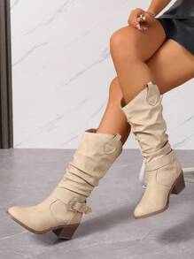 Giày bốt mũi tròn, cao đến bắp chân, gót tròn, màu be, dáng slip-on, thiết kế mới thanh lịch, thoải mái, có khóa cài, phù hợp đi làm và thường ngày, dành cho nữ, bốt kiểu Tây - Màu be - Xem 6