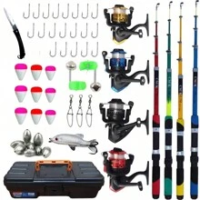 Kit Pescaria Completo 4 Varas e 4 Molinetes + Maleta com Acessórios como Iscas, Anzol, Boia e mais