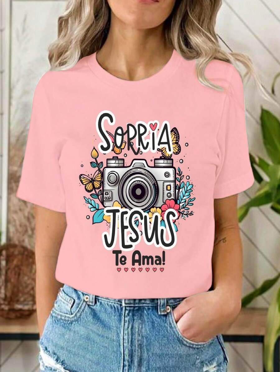 Christian T-Shirt Blouse, Merciful Jesus, Casual Fashion, Fashion, Plus Size Baby Look Colorful - Hồng - Xem 1