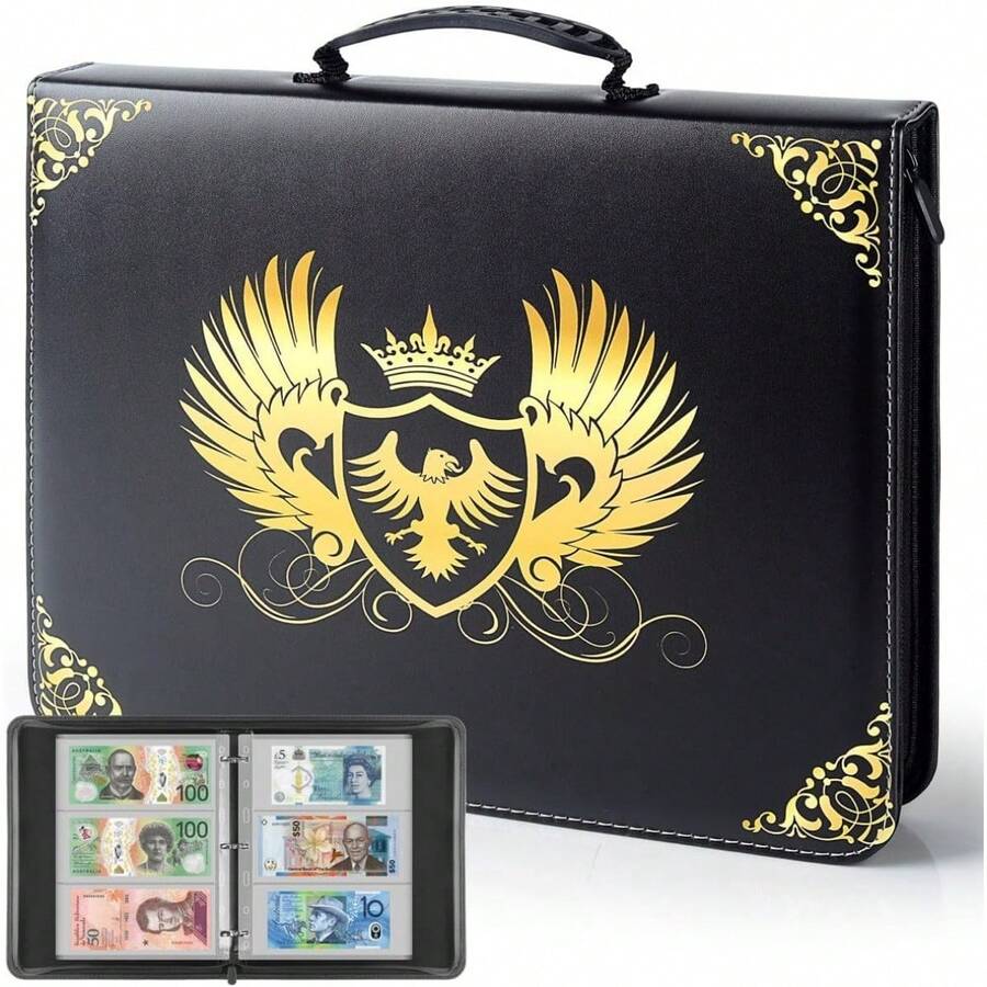Álbum de colección de monedas, portadores de billetes de dólar para coleccionistas de papel moneda, caja de almacenamiento de dinero, carpeta con fundas para viaje de billetes/billetes/sellos/efectivo - se ajusta a los billetes grandes - [60 billetes de papel] - Negro - Ver 1