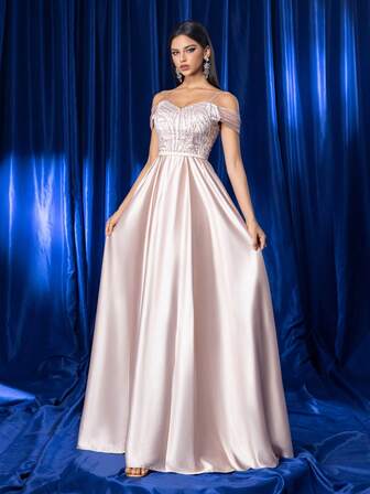 Kexmon Elegant & Glamorous High Waist Spaghetti Strap Off Shoulder Patterned Bridesmaid/ Party Dress, Formal Evening Gown, For Wedding Guest, Graduation, Dinner