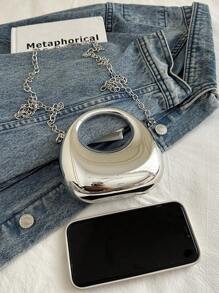 亚克力新月盒形迷你手提包，时尚百搭链条单肩斜挎包，适合口红、耳机、情人节礼物 - 銀色 - 查看 7