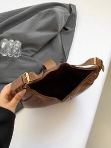 时尚简约纯色腰带装饰月牙单肩包，适合逛街，钱包，购物，年轻女性，大学生，新人，白领。非常适合办公室，大学，工作，商务，通勤，户外活动，旅行和郊游 - 棕色 - 查看 3