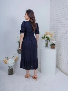 Women's Midi Dress Square Neck Black Fitted Casual Elegant Puff Sleeve Princess Perfect Fit - 黑色 - 查看 3