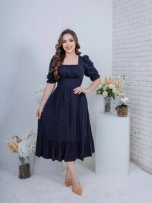 Women's Midi Dress Square Neck Black Fitted Casual Elegant Puff Sleeve Princess Perfect Fit - 黑色 - 查看 1