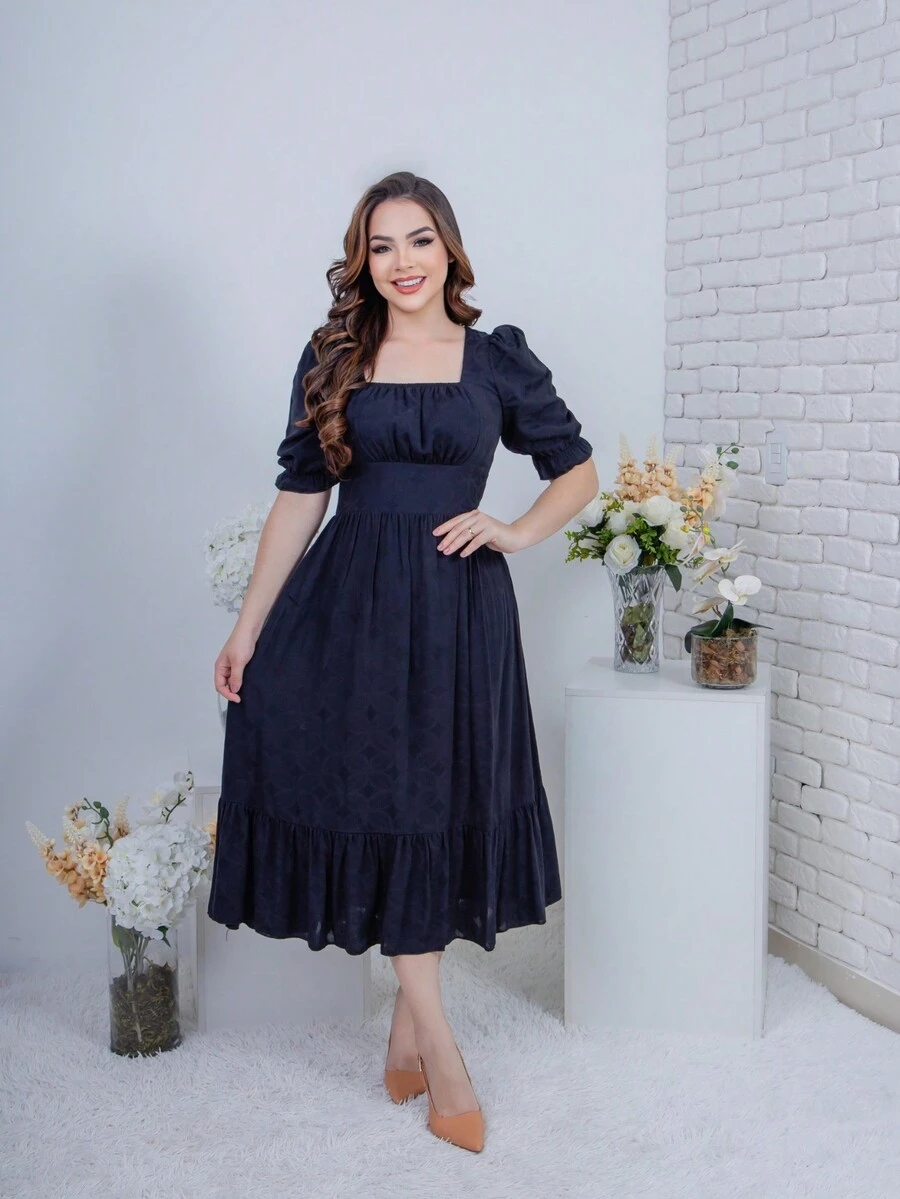 Women's Midi Dress Square Neck Black Fitted Casual Elegant Puff Sleeve Princess Perfect Fit - 黑色 - 查看 1