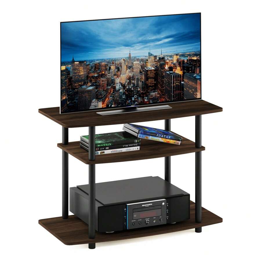 3-Tier TV Stand, Entertainment Center With Stainless Steel Tubes, No Tools Assembly, Fits Up To 32-Inch TVs, Black TV Stand, Modern Media Console For Living Room, Walnut/Black - 哥倫比亞胡桃木 - 查看 1