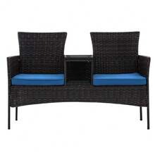 Sofá de 2 plazas para exterior de mimbre moderno, conjunto de conversación para patio con cojines y mesa de centro incorporada, muebles de porche - Negro/Azul pavo real - Ver 1