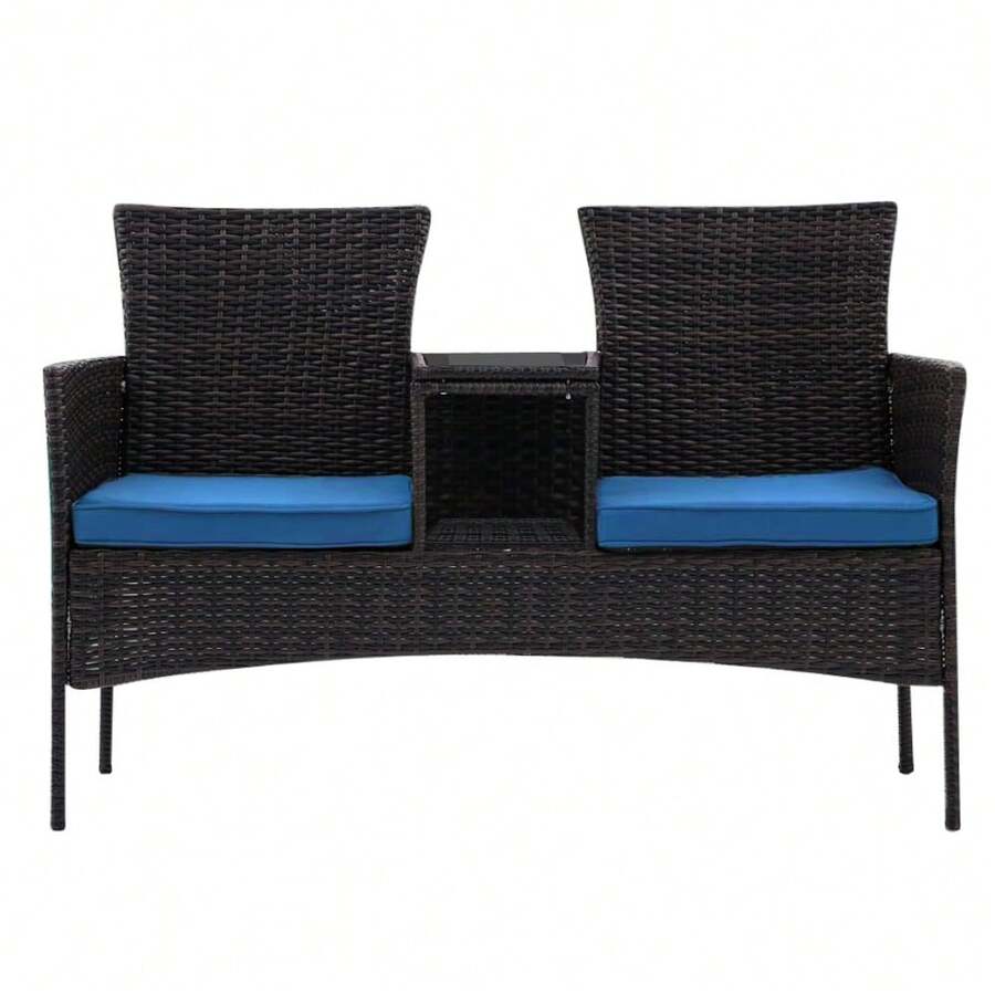 Sofá de 2 plazas para exterior de mimbre moderno, conjunto de conversación para patio con cojines y mesa de centro incorporada, muebles de porche - Negro/Azul pavo real - Ver 1