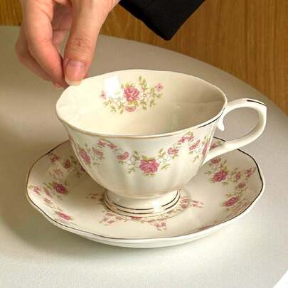 Cabin Kangaroo 1 Set Nordic Style Pink Floral English Ceramic Coffee Cup & Saucer, Instagrammable Aesthetic American Latte Cup And Saucer, Home Drinking Cup, Luxury Hotel Coffee Cup Set, Gift For Holiday, Birthday, Party, Girlfriend/Boyfriend