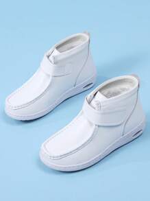 Botas blancas para mujer, zapatos de enfermería de hospital con cojín de aire, botas con forro térmico, suela blanda con cierre de gancho y bucle, zapatos confeccionados con costuras, zapatillas blancas versátiles con suela elástica, antideslizante, amortiguación de impactos y antiestática, aptas para interiores y exteriores - Blanco - Ver 5