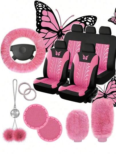 8pcs/9pcs/17pcs Butterfly Design Car Seat Covers Full Set, Matching Soft Plush Steering Wheel, Gear Shift, Handbrake Covers, Rhinestone Plush Hanging Decor, Practical Universal Comfort Driving,Car Women Accessories Experience Set,Car Women Accessories