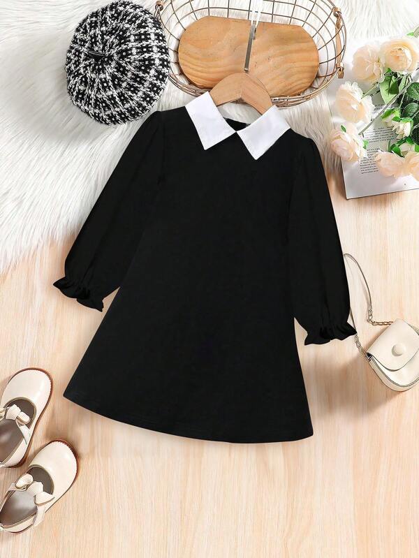 Vestido casual de manga longa e gola de contraste com babado para meninas, Outono