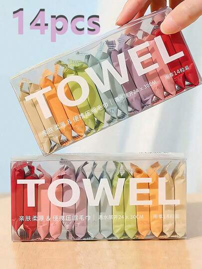 Un paquete de 14 piezas de toallitas faciales desechables comprimidas, toalla de limpieza facial portátil para viajes, toalla de doble uso gruesa para mojada y seca, artículos esenciales para viajes, accesorios de viaje, compactos y portátiles, para uso en luna de miel. Toallitas faciales desechables comprimidas, toalla de limpieza facial portátil para viajes, artículos esenciales para viajes y vacaciones, toalla facial comprimida desechable que se expande a aproximadamente 24 cm * 30 cm cuando se expone al agua, accesorios de viaje, equipo de viaje al aire libre.