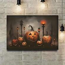 1 Pc Wooden Framed Halloween Horror Pumpkin Poster Set - Spine-Chilling Ghosts On Canvas - Gothic & Retro Wall Art - Ideal Preppy Decor (Wrapped Canvas )