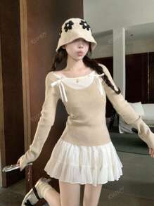 RUIWY Women's Sweet Bowknot Designed Colorblock Long Sleeved Slim Fitted Sweater Round Neck Pullover Top For Autumn