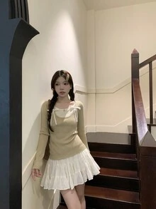 RUIWY 女士甜美蝴蝶结设计撞色长袖修身圆领毛衣，适合秋季穿着 - 杏色 - 查看 8