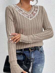 Damen elegante, lässige Bluse mit Spitzenverzierung, langärmlig in erdigen Khaki-Farben, für Frühling und Herbst - Khaki - Übersicht 3