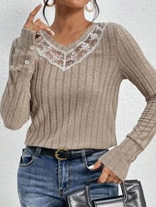 Damen elegante, lässige Bluse mit Spitzenverzierung, langärmlig in erdigen Khaki-Farben, für Frühling und Herbst - Khaki - Übersicht 1