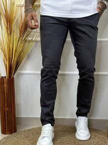 Men's Slim Fit Satin Tailored Trousers With Skinny Elastane - Dark Grey - View 3