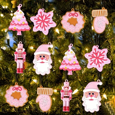 12pcs/Set Pink Christmas Tree Ornaments Cute Gingerbread Santa Snowflake Decorations Suitable For Winter Christmas Holiday Party Gifts Home Office Decor,Christmas