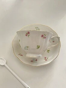 1 set Taza de café y platillo de cerámica con estampado floral, taza de cerámica delicada con diseño floral estilo francés vintage para té de la tarde, cuchara con forma de tulipán, regalo de cumpleaños/anfitrión de alta gama