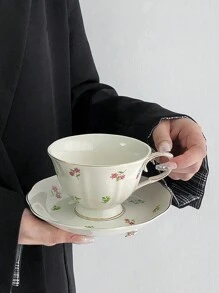 1 set Taza de café y platillo de cerámica con estampado floral, taza de cerámica delicada con diseño floral estilo francés vintage para té de la tarde, cuchara con forma de tulipán, regalo de cumpleaños/anfitrión de alta gama