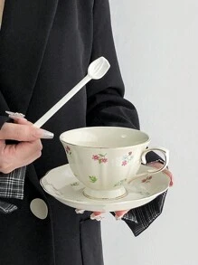 1 set Taza de café y platillo de cerámica con estampado floral, taza de cerámica delicada con diseño floral estilo francés vintage para té de la tarde, cuchara con forma de tulipán, regalo de cumpleaños/anfitrión de alta gama