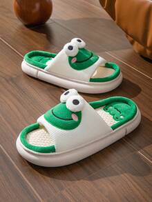 Damen Cartoon Frosch Hausschuhe, warme Hausschuhe aus Leinen mit dickem Boden für drinnen, Paar, Schlafzimmer, rutschfest, für Holzböden geeignet, Wochenbett Pflege, süß grün - Grün - Übersicht 3