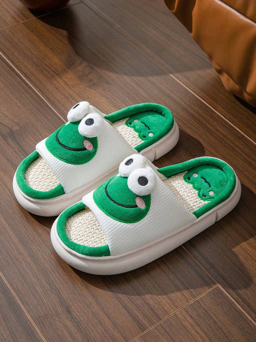 Women Cartoon Frog Slippers, Warm Indoor Home Linen Thick Bottom Couple