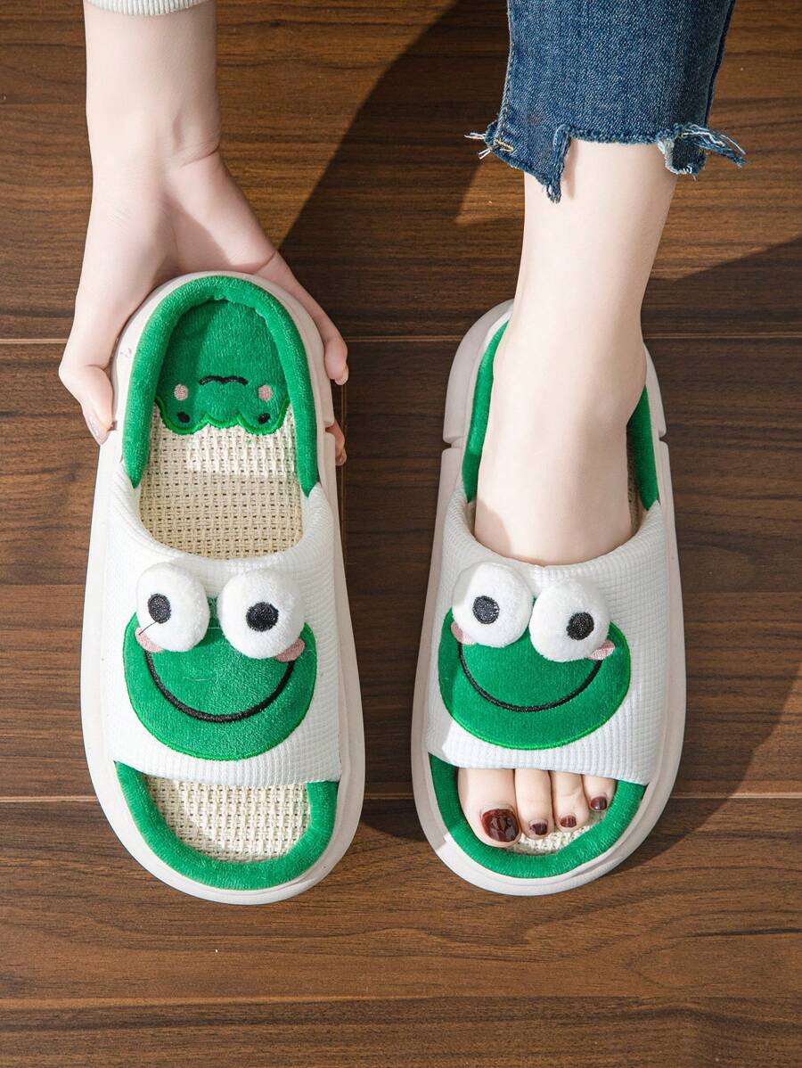 Women Cartoon Frog Slippers, Warm Indoor Home Linen Thick Bottom Couple