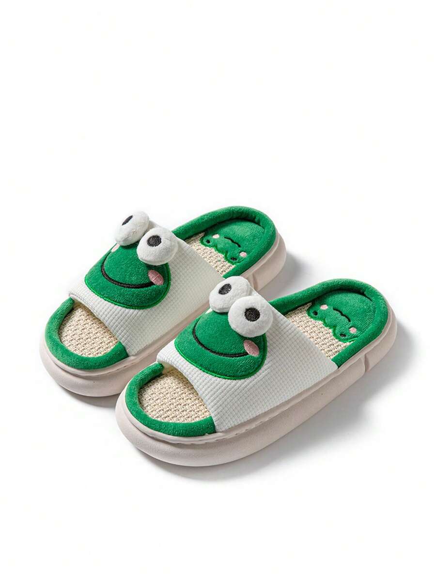 Women Cartoon Frog Slippers, Warm Indoor Home Linen Thick Bottom Couple
