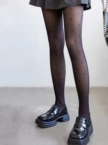 1 件女式圆点心形蝴蝶结保暖内衬紧身打底裤，保暖有弹性，休闲日常穿着 - 黑色 - 查看 3