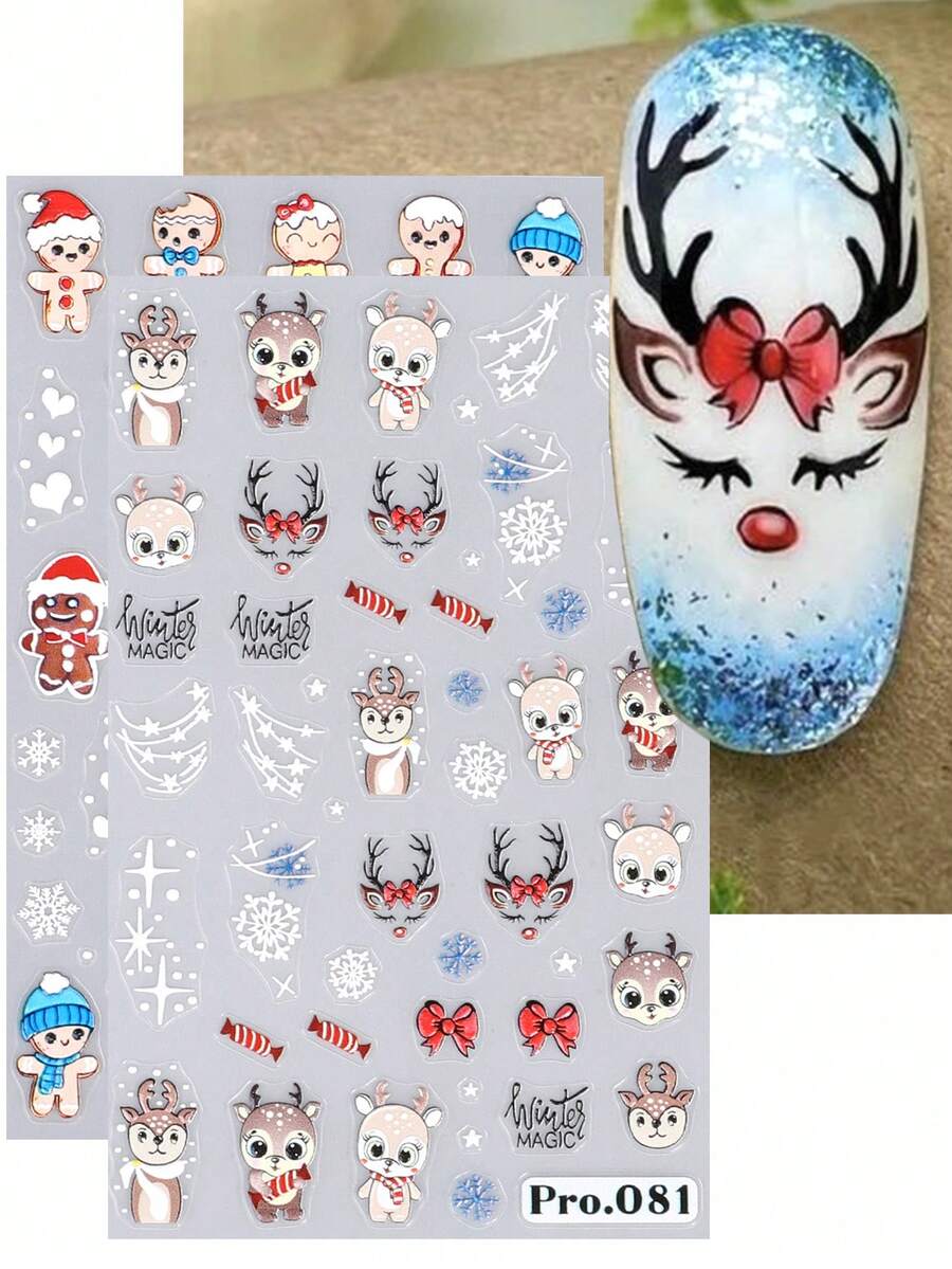 卡通鹿饼干人 5D 圣诞浮雕指甲贴纸 2 件白色几何线条星星糖果雪花蝴蝶结心形麋鹿彩色姜饼人 DIY 可爱冬季圣诞节雕刻自粘贴花滑块美甲装饰 - 彩色 - 查看 1
