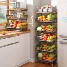 Fruit Basket Kitchen Pantry Organizers And Storage - Wooden Top Table, Stackable Metal Wire Basket Stand Cart For Fruit Vegetable Snacks Jars Bins Containers Organization, Black