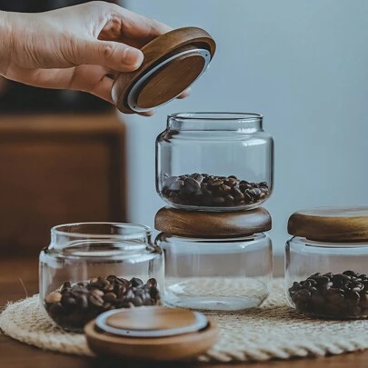 Recipientes de almacenamiento de alimentos de vidrio con tapas de madera herméticas, tarros de vidrio para uso doméstico y de oficina, tarros de vidrio transparente para té, granos de café, frutos secos, especias, azúcar, avena para la noche, cereales, arroz, almacenamiento de caramelos