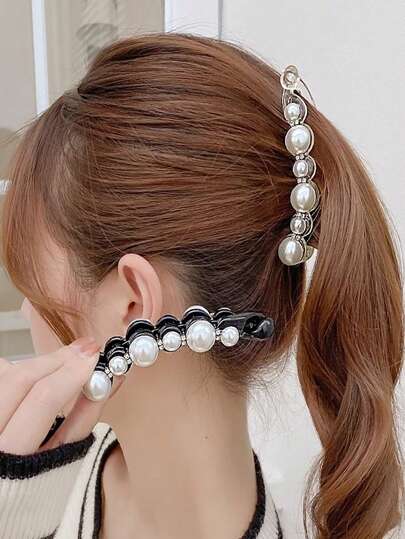 2个大号香蕉夹 竖款发夹 韩式简约仿珍珠水钻防滑扭结发夹 发饰爪夹 发卡 发夹，学习用品，珍珠发饰，派对造型