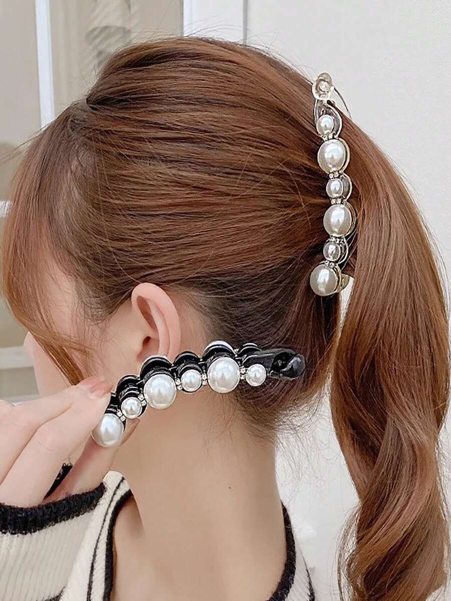 2pcs Large Size Banana Clips Vertical Hair Clips Korean Minimalist Faux Pearl & Rhinestone Non-Slip Twist Hair Clips Hair Accessories Claw Clips Hair Claws Hair Barrettes, School Stuff, Pearl Hair Accessories, Looks Of Party