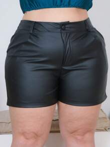 PLUS SIZE BLACK LEATHER SHORTS, HIGH WAIST, TAILORING - màu đen - Xem 1