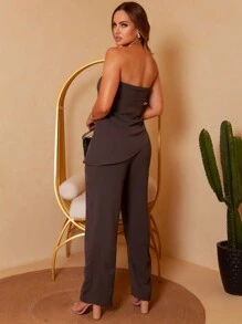 Set Of Strapless Tailored Blouse And High-Waisted Tailored Palazzo Pants - 深灰色 - 查看 3