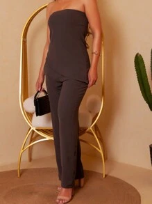 Set Of Strapless Tailored Blouse And High-Waisted Tailored Palazzo Pants - 深灰色 - 查看 1