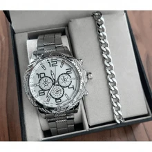 Relógio Masculino Prateado de Aço Inoxidável + Pulseira