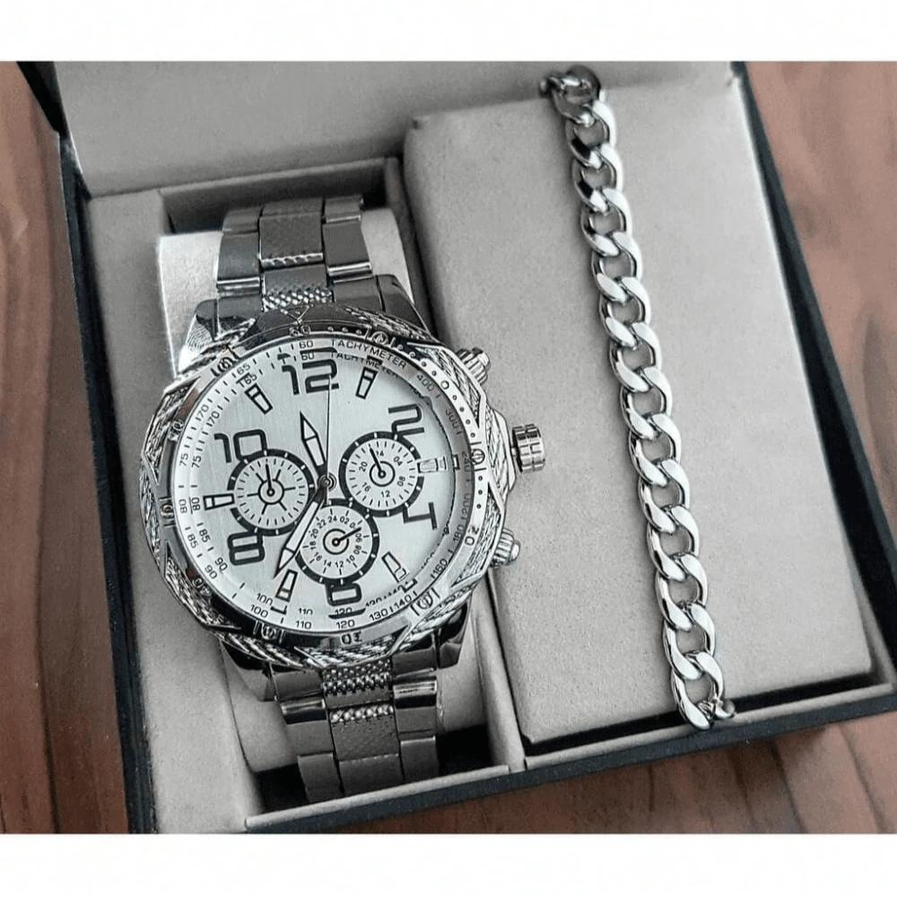 Relógio Masculino Prateado de Aço Inoxidável + Pulseira