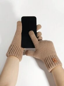 1pair Women Winter Dual Layer Thicken Warm Touch Screen Texting Gloves, Deer Antler Faux Leather Badge Design, Knit, Suitable For Party, Driving, Gaming, Cycling, Hiking, Writing Halloween