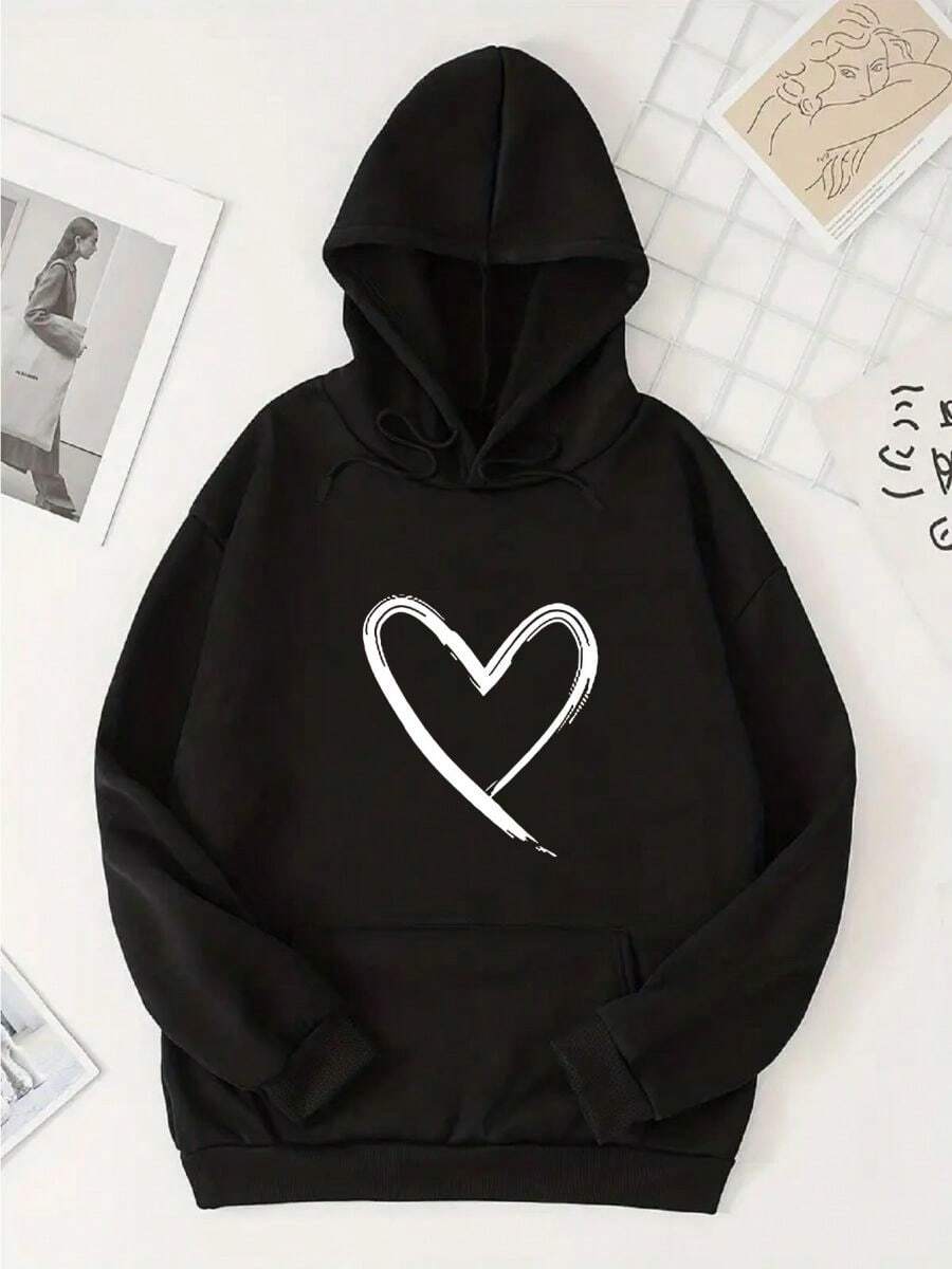 Sudadera con capucha para mujer con estampado de corazón sencillo, modelo de moda de otoño e invierno suelto y casual con bolsillo canguro para mujer - Negro - Ver 1