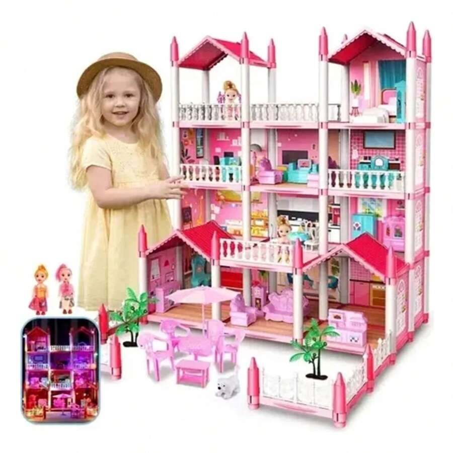 Dollhouse With LED Lights For Girls Dollhouse - Pink - View 1