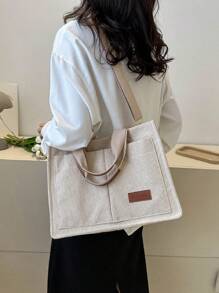 时尚休闲纯色灯芯绒单肩包，大容量多口袋女士水桶包，适合户外旅行和工作通勤，复古斜挎购物手提包，大号校园手提包，多个隔层，非常适合海滩、学校、工作和日常使用 - 卡其色 - 查看 11