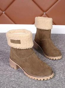 Perfect With Dress, Women's New Autumn Winter European And American Mid-Calf Thick Heel Cute Fold-Over Furry Snow Boots, Extra Large Size Leather Two-Way Boots - Brown - View 7